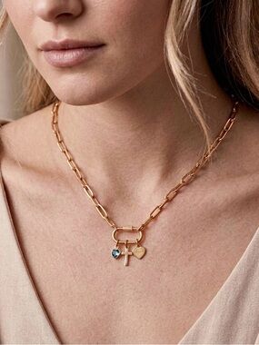 Gold Paper Clip Chain Necklace and Personalized Name Birthstone & Cross Charms